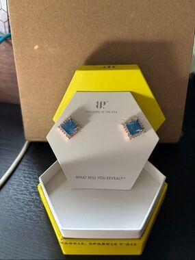 8P Blue Square Druzy Halo Stud Earrings - Rose Gold Tone